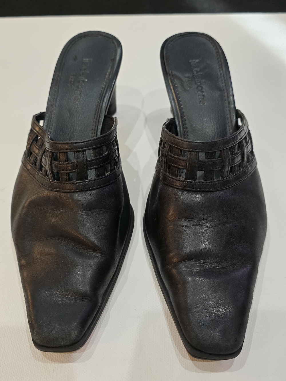 Liz Claiborne Black Leather Woven-Trim Mule #779